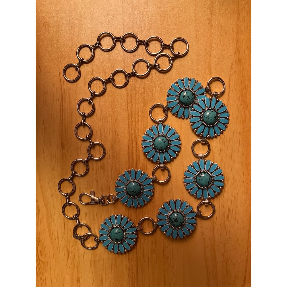 Turquoise Daisy Link Chain Waist Belt - Women's Accessory